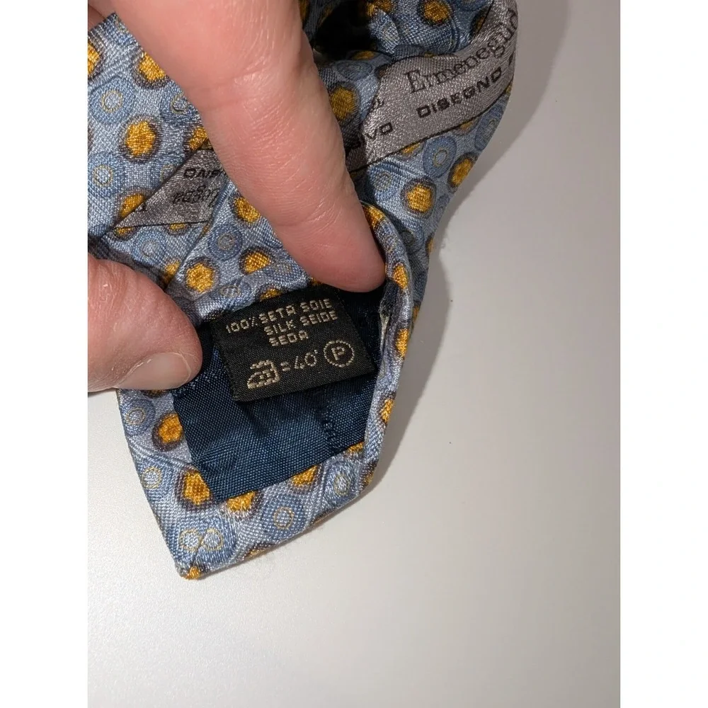 Ermenegildo Zegna Tie Light Blue Gold Dots 100% Silk Made in Italy Classic